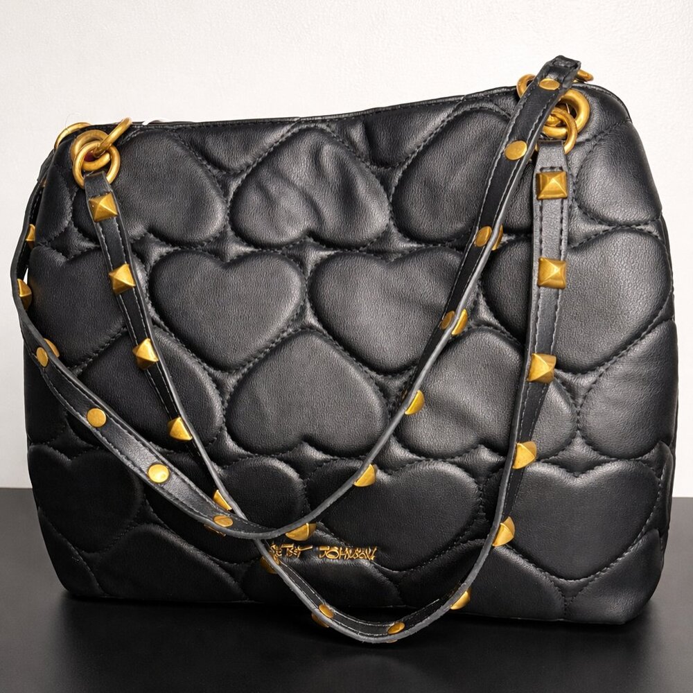 Betsey Johnson Xomia Black Quilted Heart Shoulder Bag Gold Stud Strap NWT